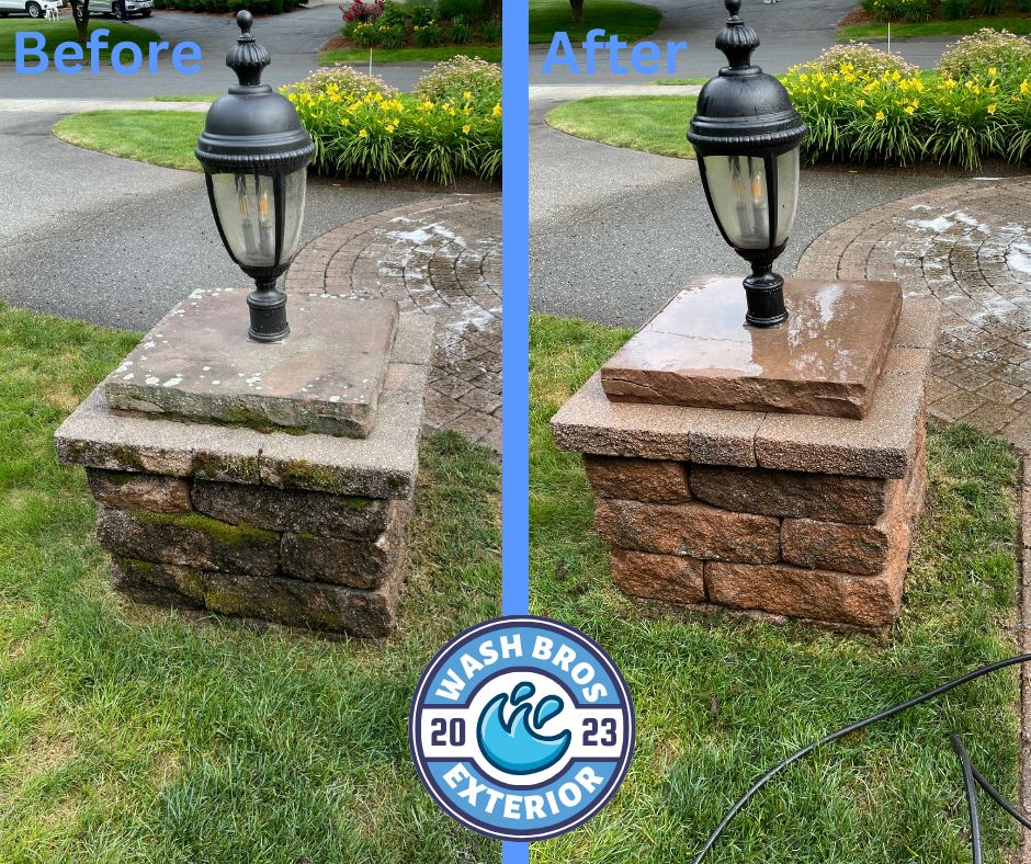 Before and after stone pillar and masonry cleaning in Massachusetts